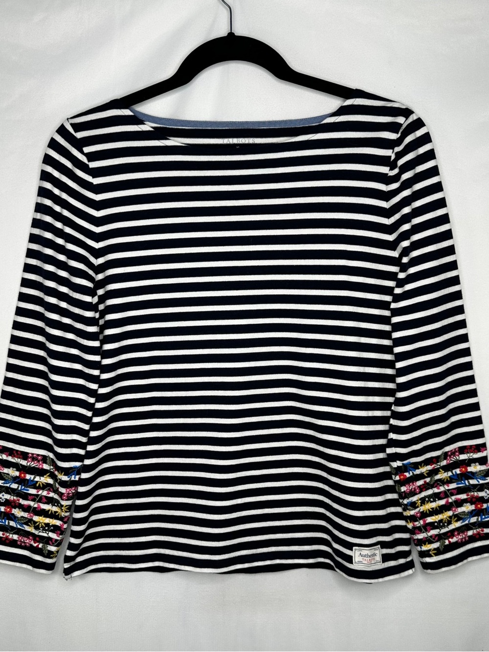Talbots Navy White Striped Long Sleeve Top Embroidered Floral Cuffs Cotton Sz XL